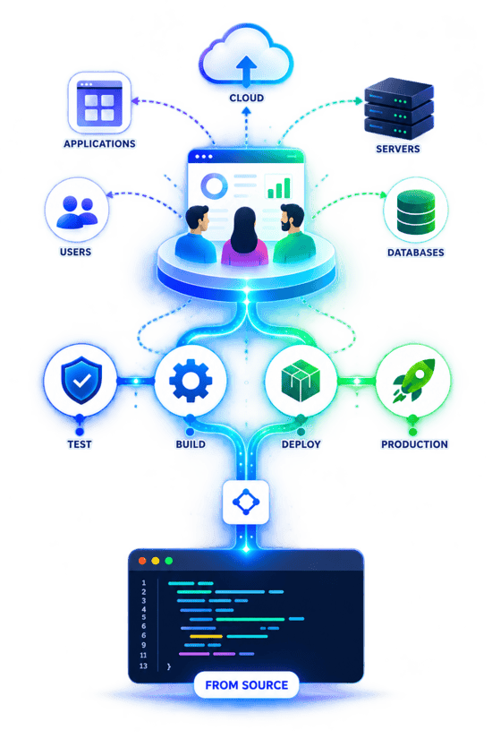 Workflow moving from source through test, build and deploy to production